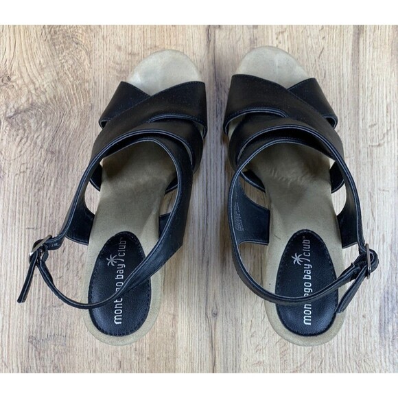 Montego Bay Club Strap back Wedges Women's Size 9 Black Faux Crisscross Open Toe - Picture 12 of 16